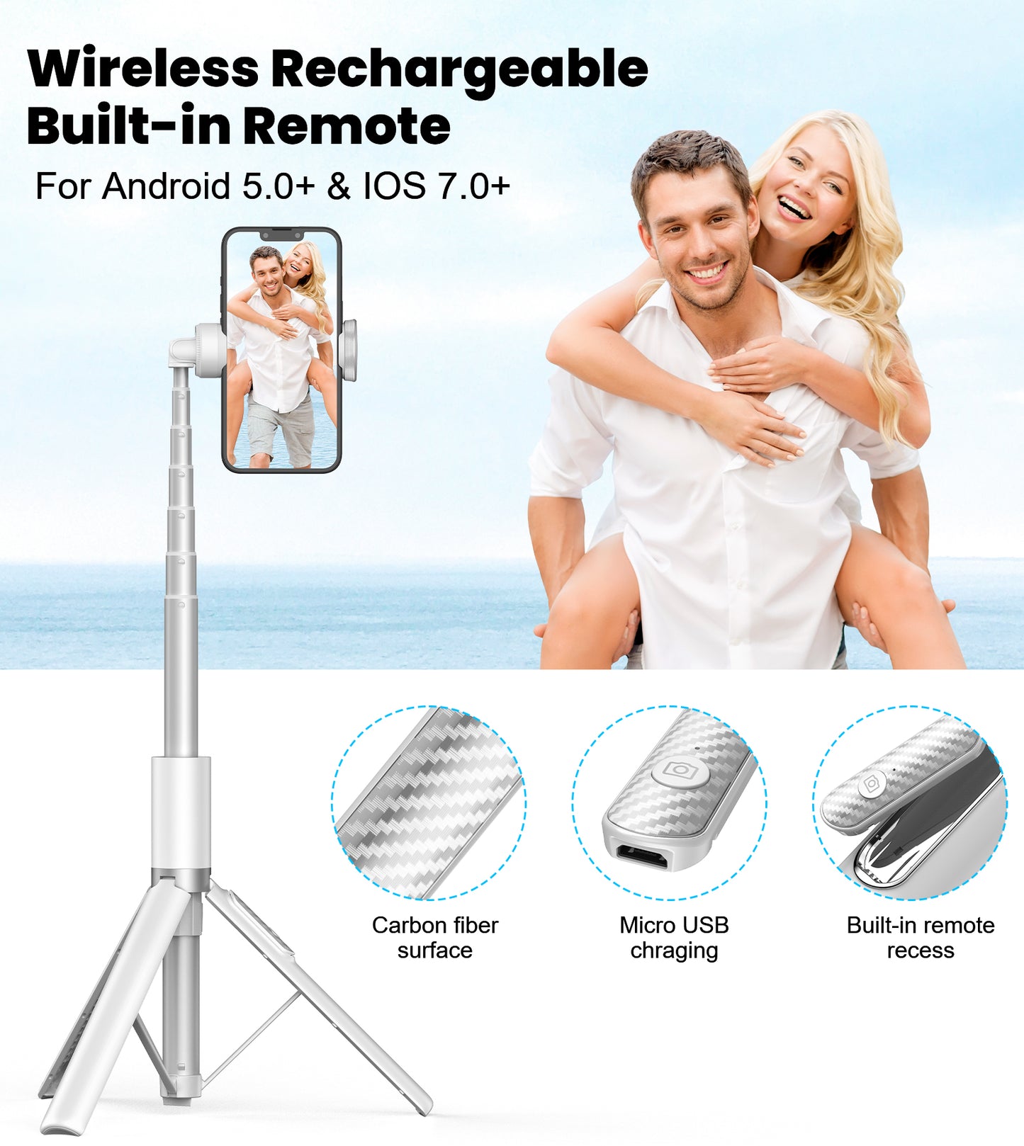 60" Phone Tripod & Selfie Stick with Remote for Cell Phone 4"-7", Portable Smartphone Tripod Stand (White)