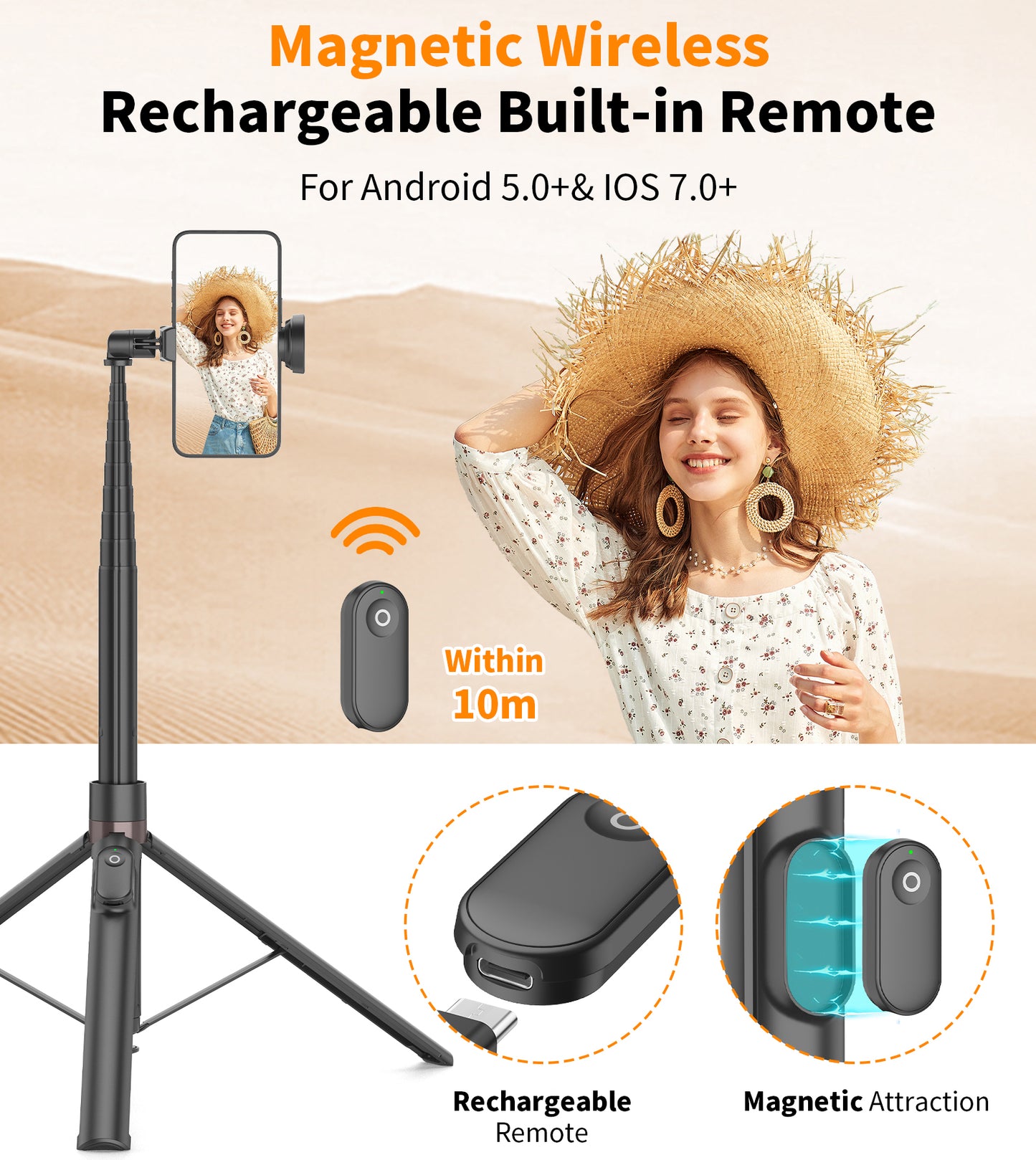 TONEOF 66" Phone Selfie Stick Tripod Stand Automatic Open with Magnetic Remote, Travel Tripod 360°Rotatable for iPhone/Android(Black)