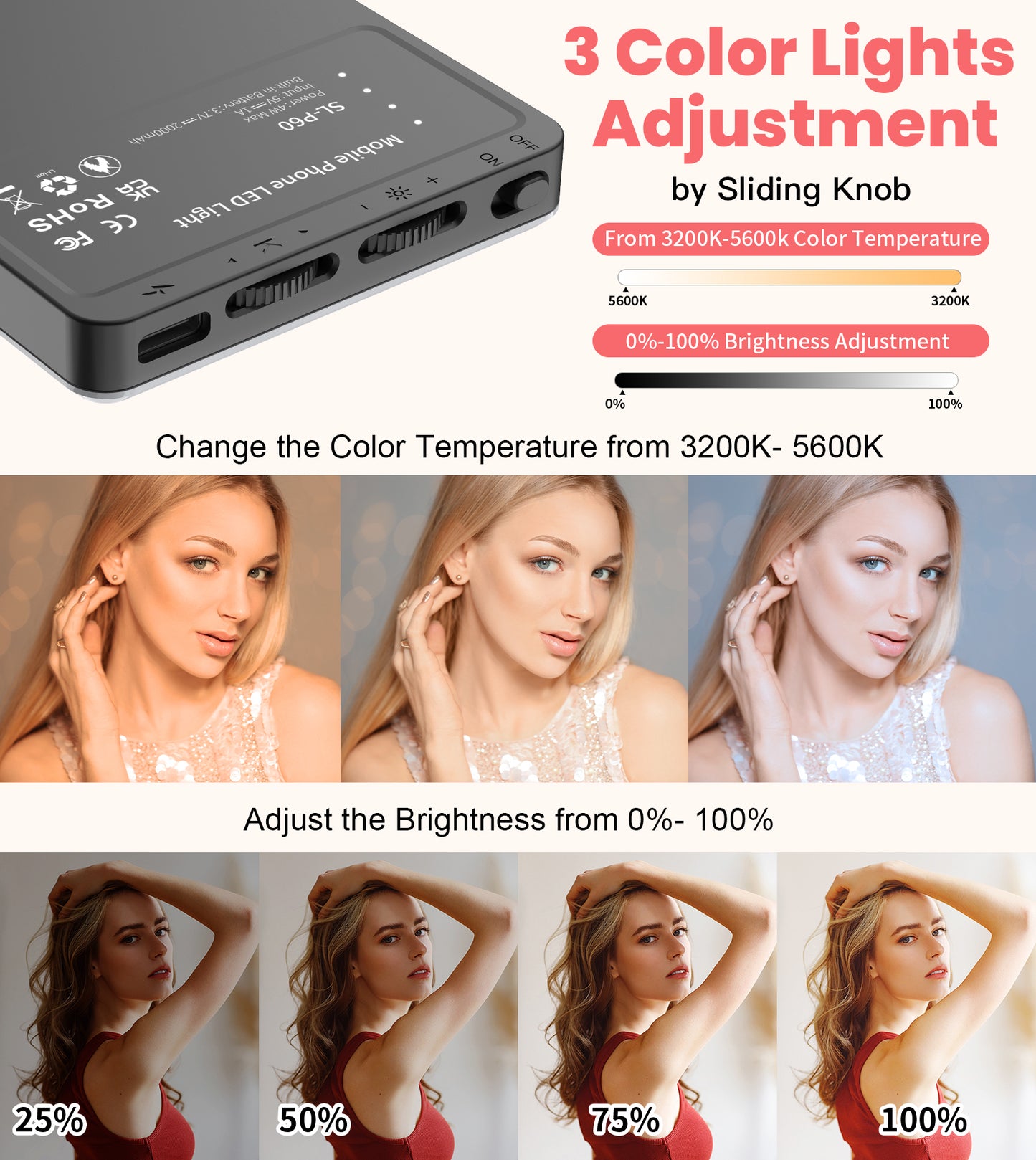 TONEOF Portable Selfie Light,Rechargable 60 LED Phone Light with Clip & Double 1/4" Screw Hole,2500k-9000K Dimmable Camera Light for iPhone,Android,Laptop,Tablet,Selfie/Video Conference
