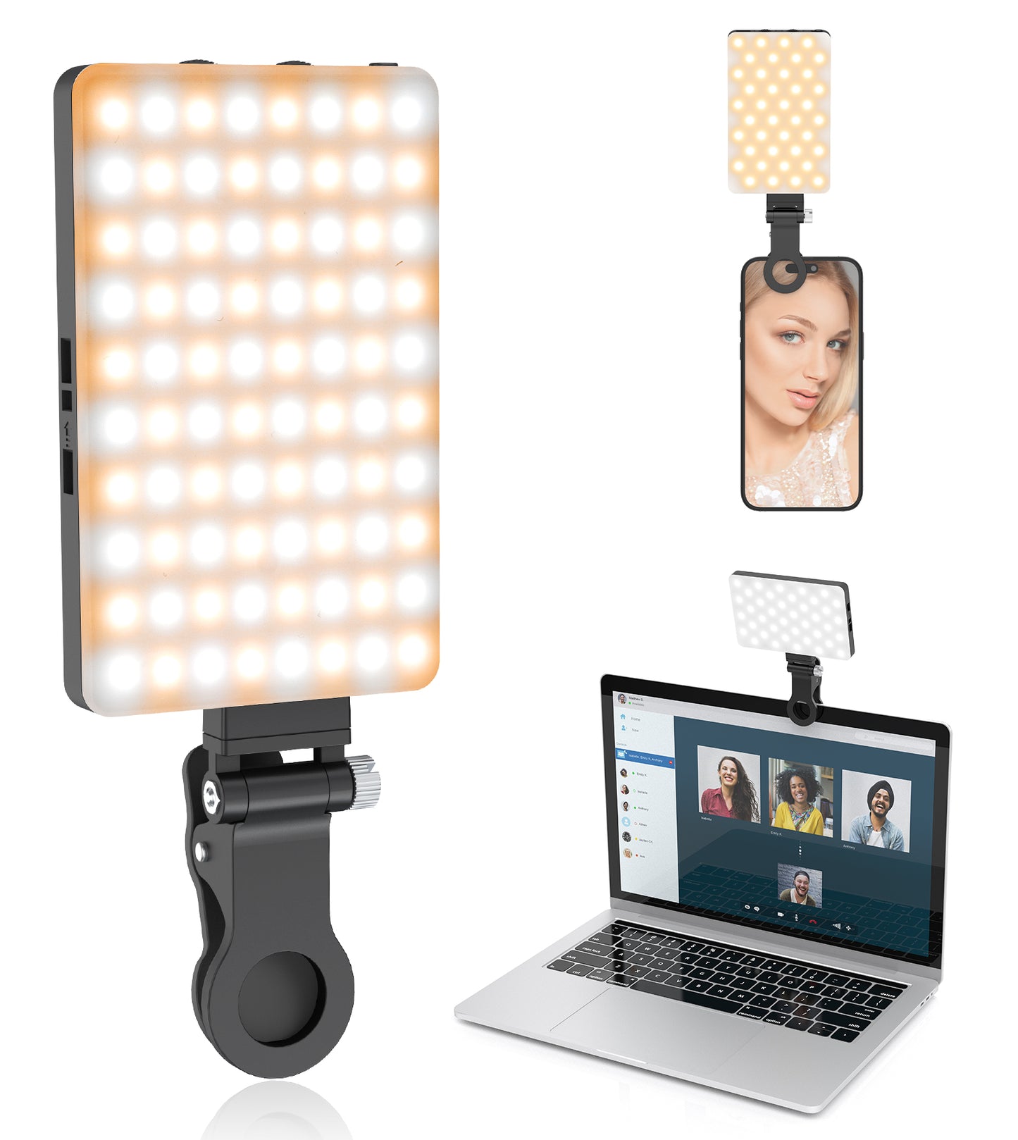 TONEOF Portable Selfie Light,Rechargable 60 LED Phone Light with Clip & Double 1/4" Screw Hole,2500k-9000K Dimmable Camera Light for iPhone,Android,Laptop,Tablet,Selfie/Video Conference