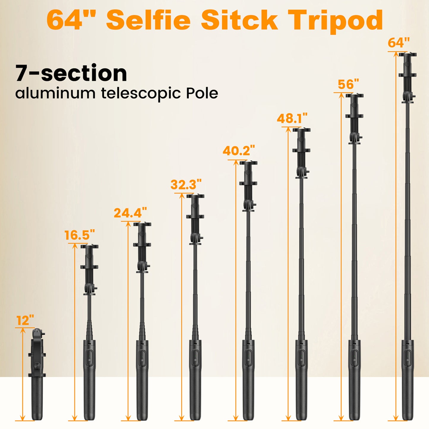 TONEOF 64" Selfie Stick Tripod for Cellphone 4"-7", Phone Tripod Stand for iPhone and Android