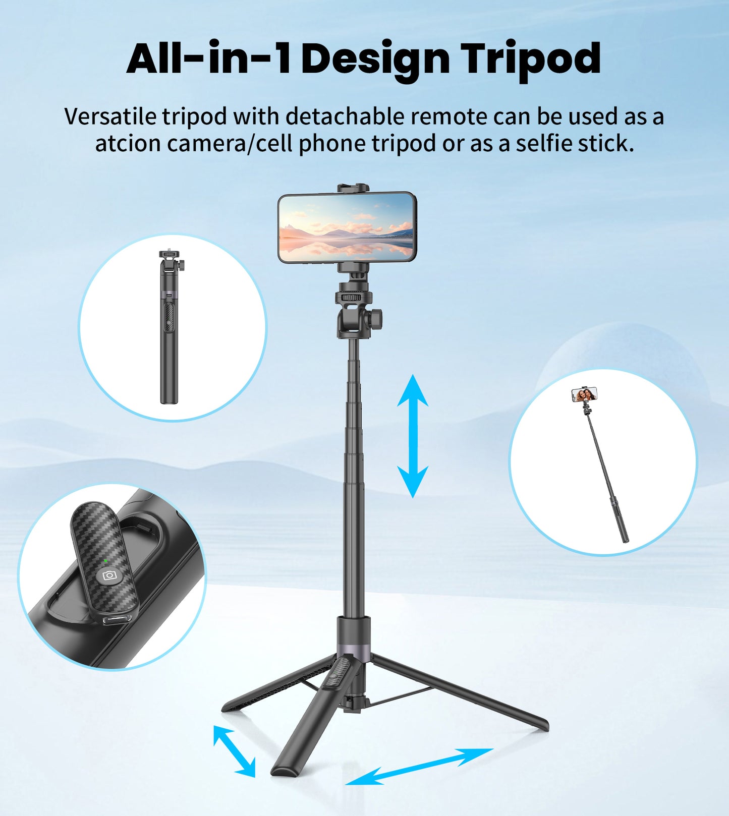 TONEOF 68" Selfie Stick Tripod with Remote for Cellphone 4"-7", Travel Tripod Stand for Action Camera