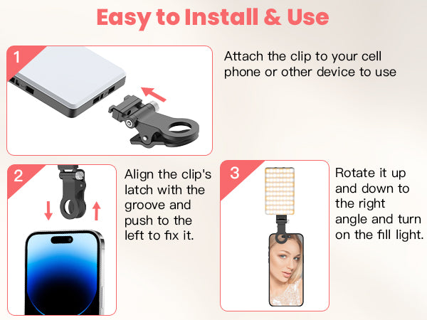 TONEOF Portable Selfie Light,Rechargable 60 LED Phone Light with Clip & Double 1/4" Screw Hole,2500k-9000K Dimmable Camera Light for iPhone,Android,Laptop,Tablet,Selfie/Video Conference