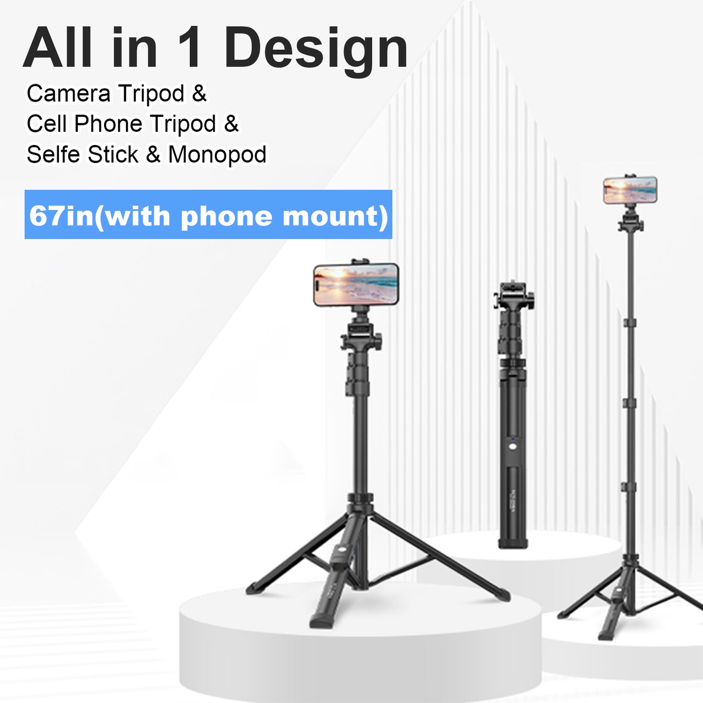 TONEOF 67" Phone Tripod, Camera Tripod Stand Monopod with Remote & Phone Holder, Portable Travel Tripod with iPhone/Android/Webcamera