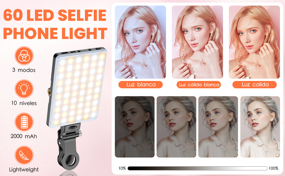 TONEOF Portable Selfie Light,Rechargable 60 LED Phone Light with Clip & Double 1/4" Screw Hole,2500k-9000K Dimmable Camera Light for iPhone,Android,Laptop,Tablet,Selfie/Video Conference