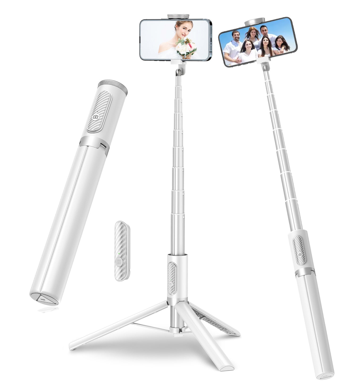 TONEOF 60 In Tripod, Cell Phone Selfie Stick, All-in-1 Stand with Integrated Wireless Remote, Lightweight and Portable, Extendable Tripod for 4-7 Inch iPhone and Android（White）