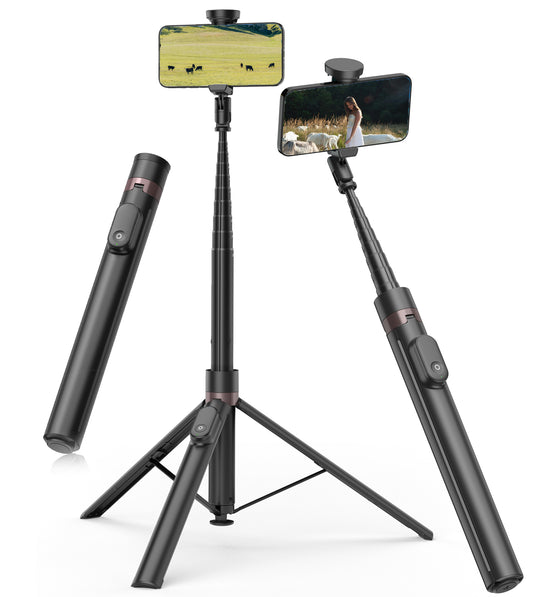 TONEOF 66" Phone Selfie Stick Tripod Stand Automatic Open with Magnetic Remote, Travel Tripod 360°Rotatable for iPhone/Android(Black)