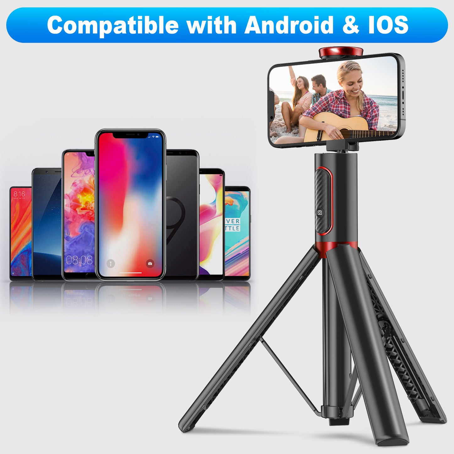 Multifunctional mobile phone holder selfie stick (Red)