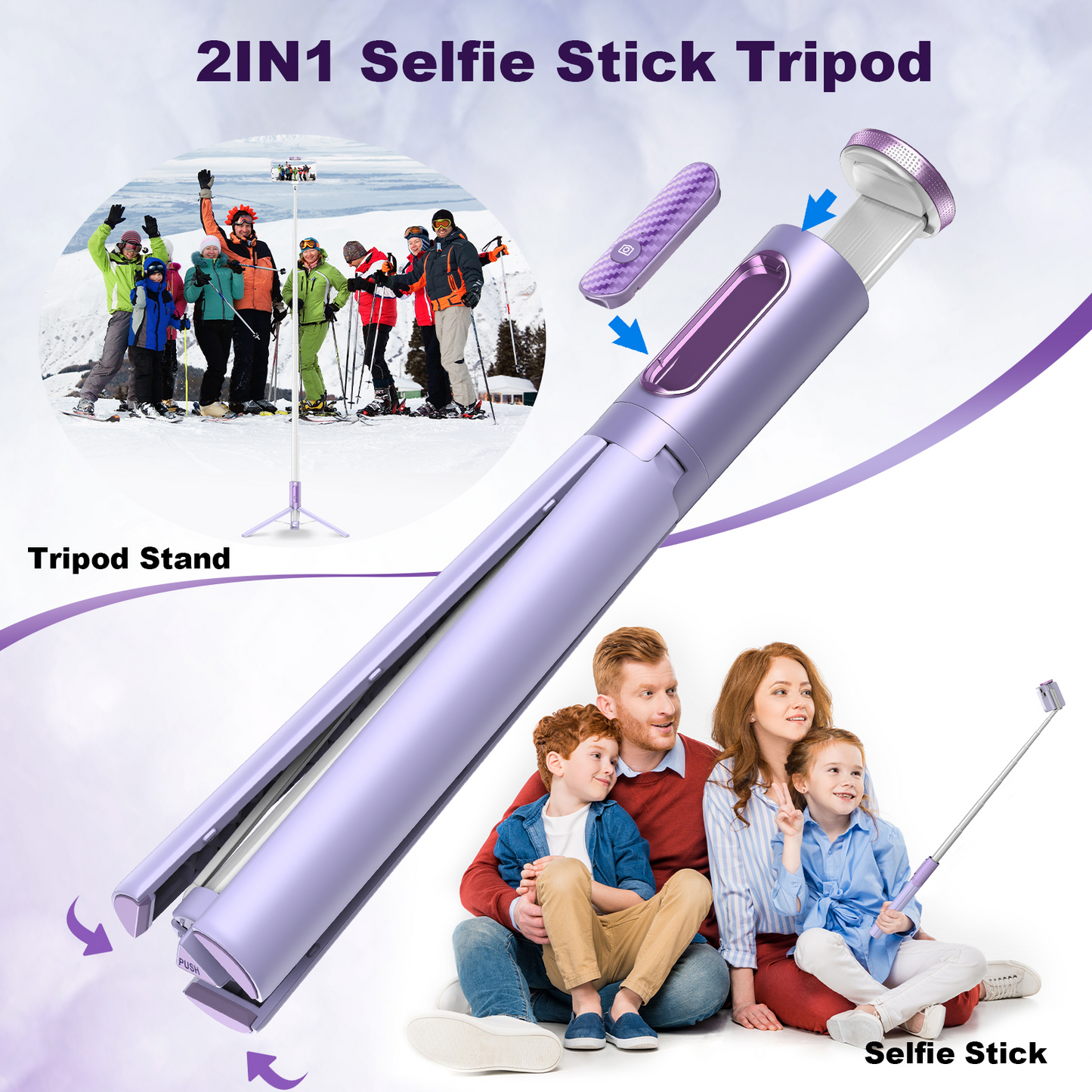 TONEOF 152cm Cell Phone Selfie Stick Tripod, Tripod Stand All-in-1 with Integrated Wireless Remote, Portable,Lightweight,Extendable Phone Tripod for 4''-7'' iPhone and Android（Purple）