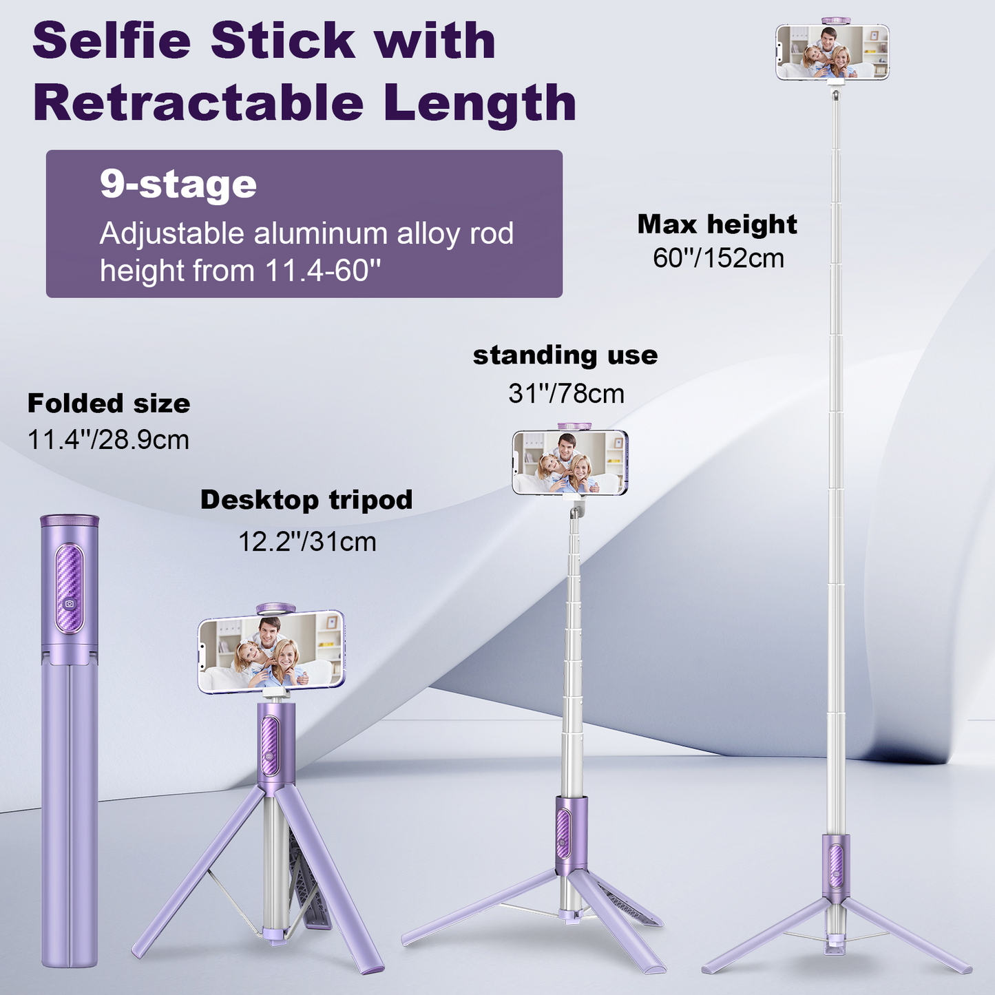 TONEOF 152cm Cell Phone Selfie Stick Tripod, Tripod Stand All-in-1 with Integrated Wireless Remote, Portable,Lightweight,Extendable Phone Tripod for 4''-7'' iPhone and Android（Purple）