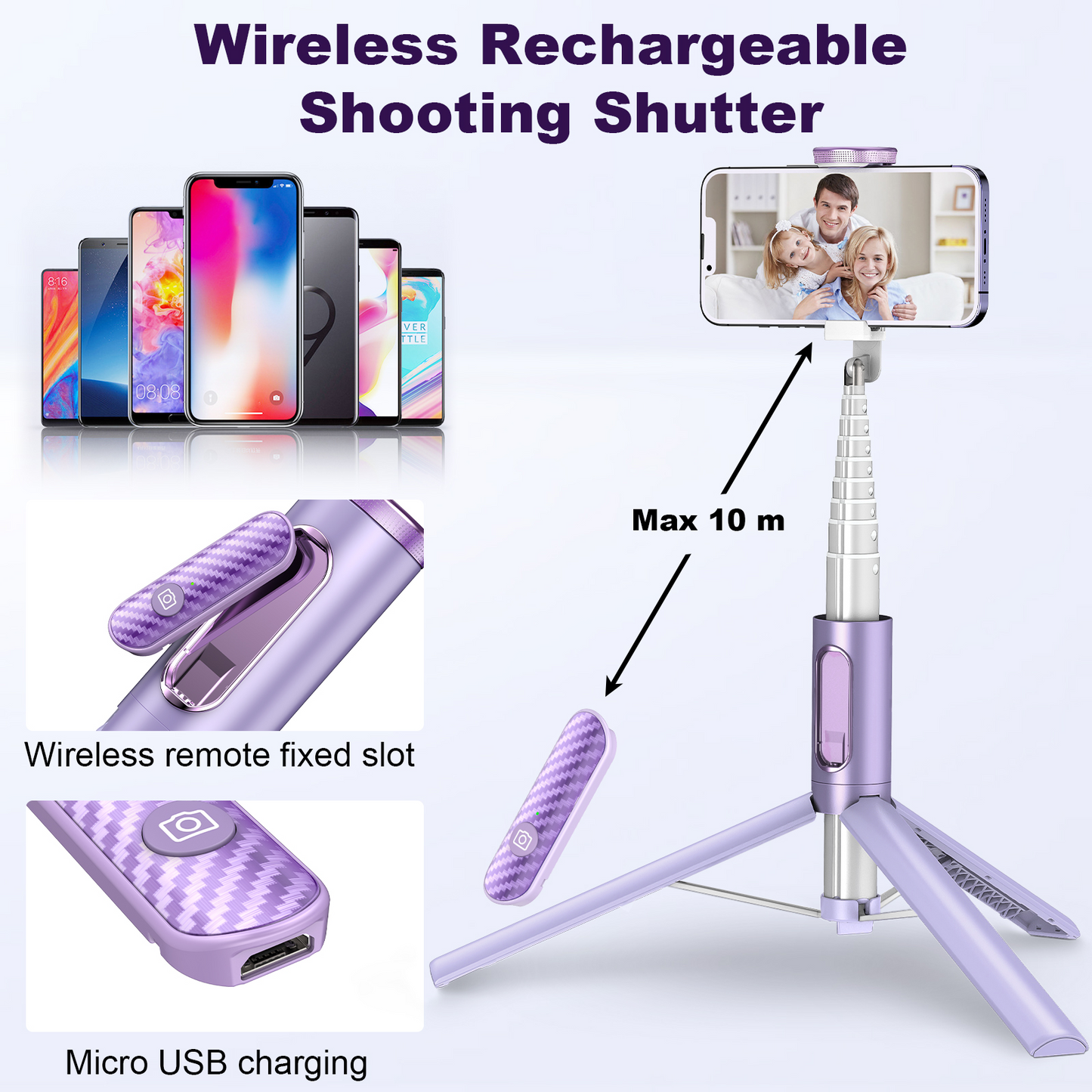 TONEOF 152cm Cell Phone Selfie Stick Tripod, Tripod Stand All-in-1 with Integrated Wireless Remote, Portable,Lightweight,Extendable Phone Tripod for 4''-7'' iPhone and Android（Purple）