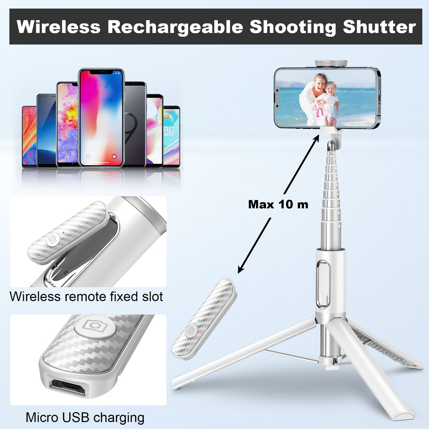 TONEOF 60 In Tripod, Cell Phone Selfie Stick, All-in-1 Stand with Integrated Wireless Remote, Lightweight and Portable, Extendable Tripod for 4-7 Inch iPhone and Android（White）