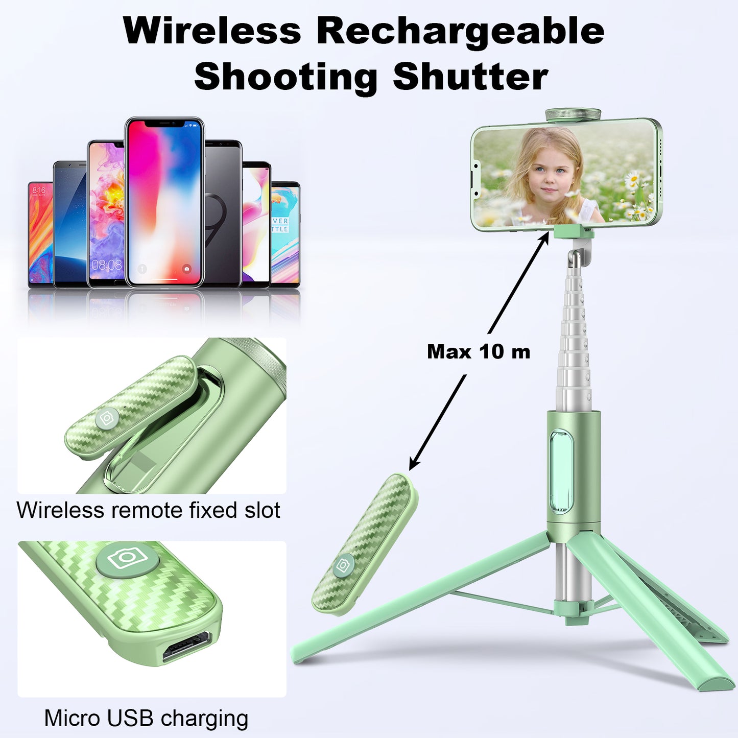 Multifunctional mobile phone holder selfie stick (Green)