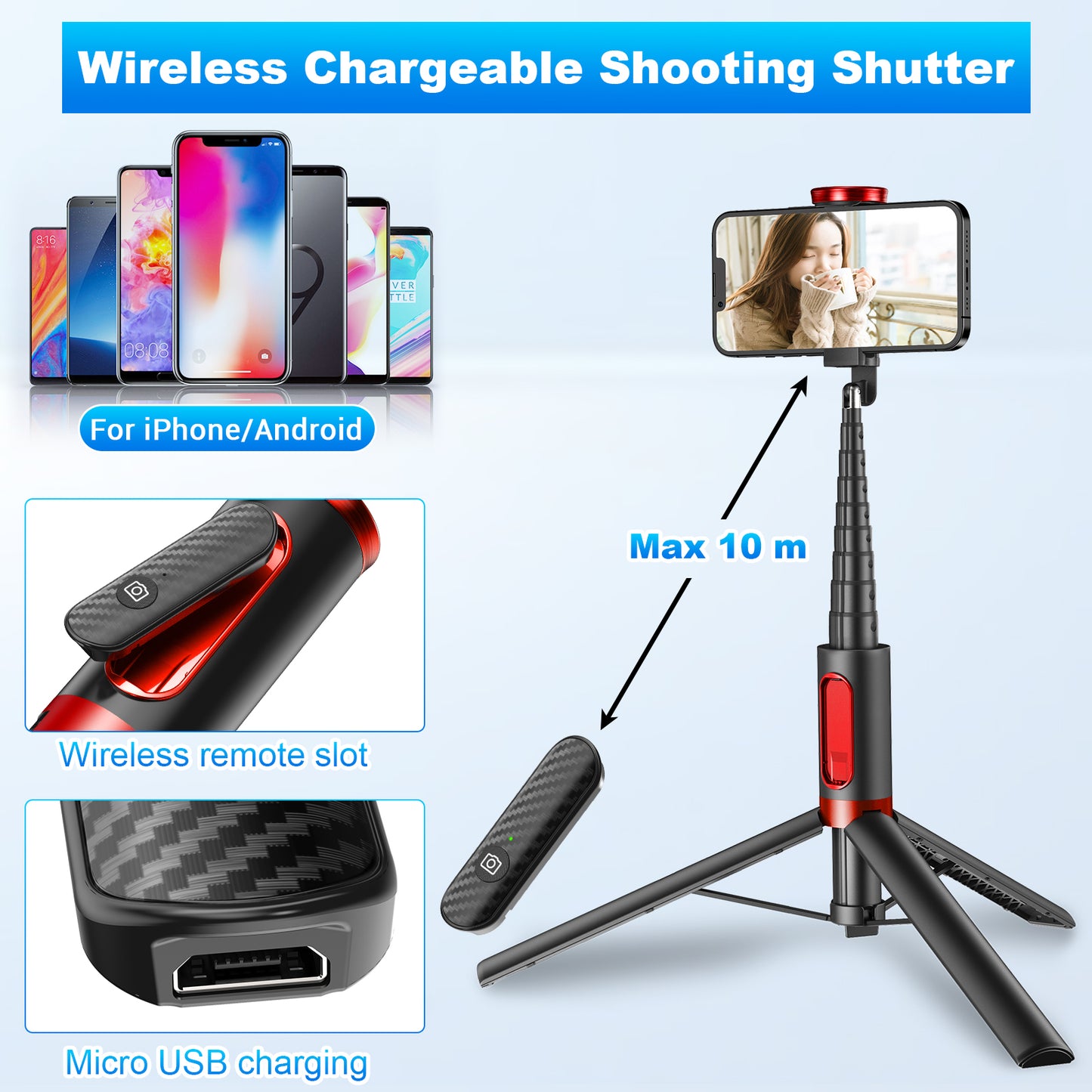 Multifunctional mobile phone holder selfie stick (Red)
