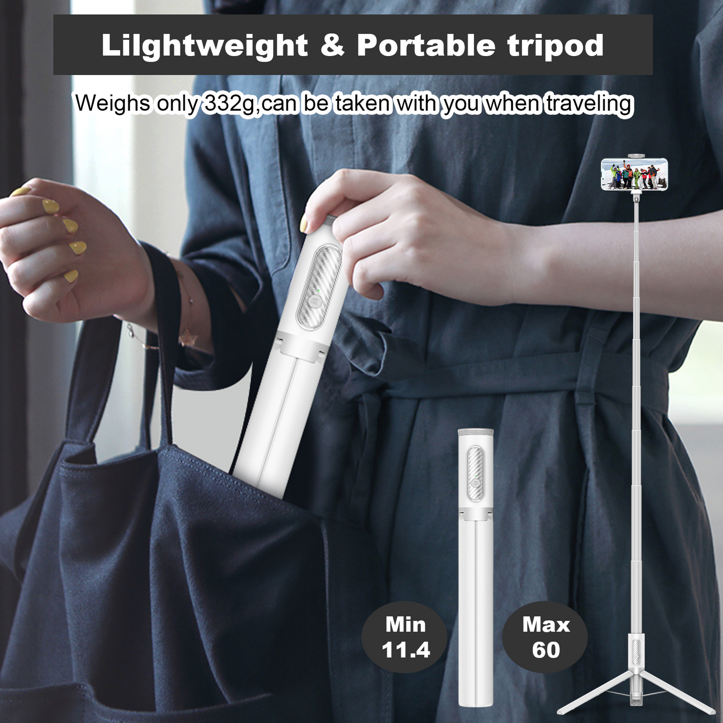 TONEOF 60 In Tripod, Cell Phone Selfie Stick, All-in-1 Stand with Integrated Wireless Remote, Lightweight and Portable, Extendable Tripod for 4-7 Inch iPhone and Android（White）