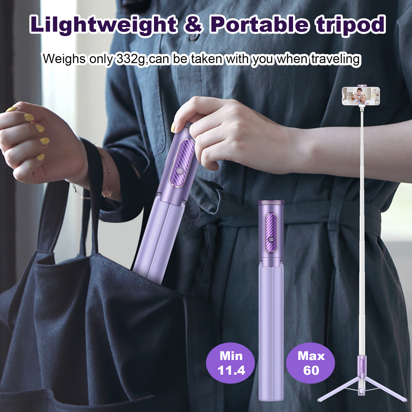 TONEOF 152cm Cell Phone Selfie Stick Tripod, Tripod Stand All-in-1 with Integrated Wireless Remote, Portable,Lightweight,Extendable Phone Tripod for 4''-7'' iPhone and Android（Purple）
