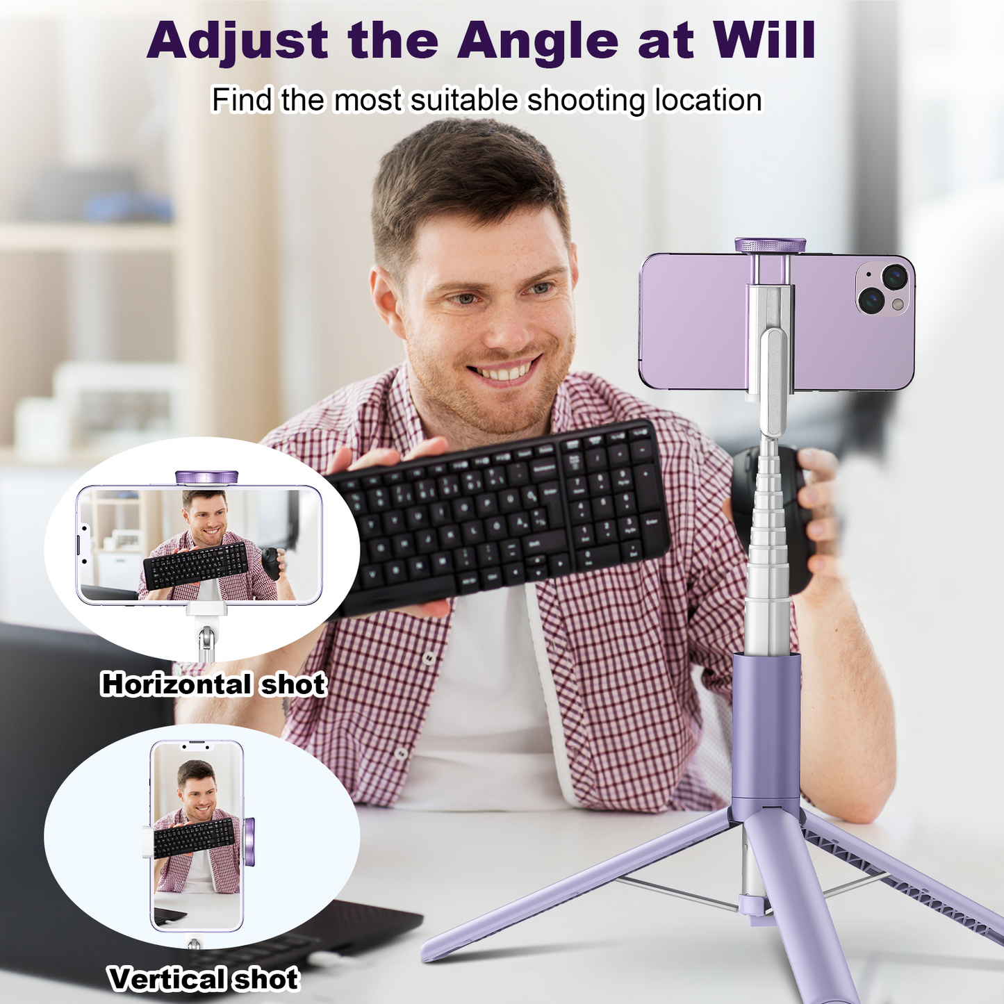 TONEOF 152cm Cell Phone Selfie Stick Tripod, Tripod Stand All-in-1 with Integrated Wireless Remote, Portable,Lightweight,Extendable Phone Tripod for 4''-7'' iPhone and Android（Purple）