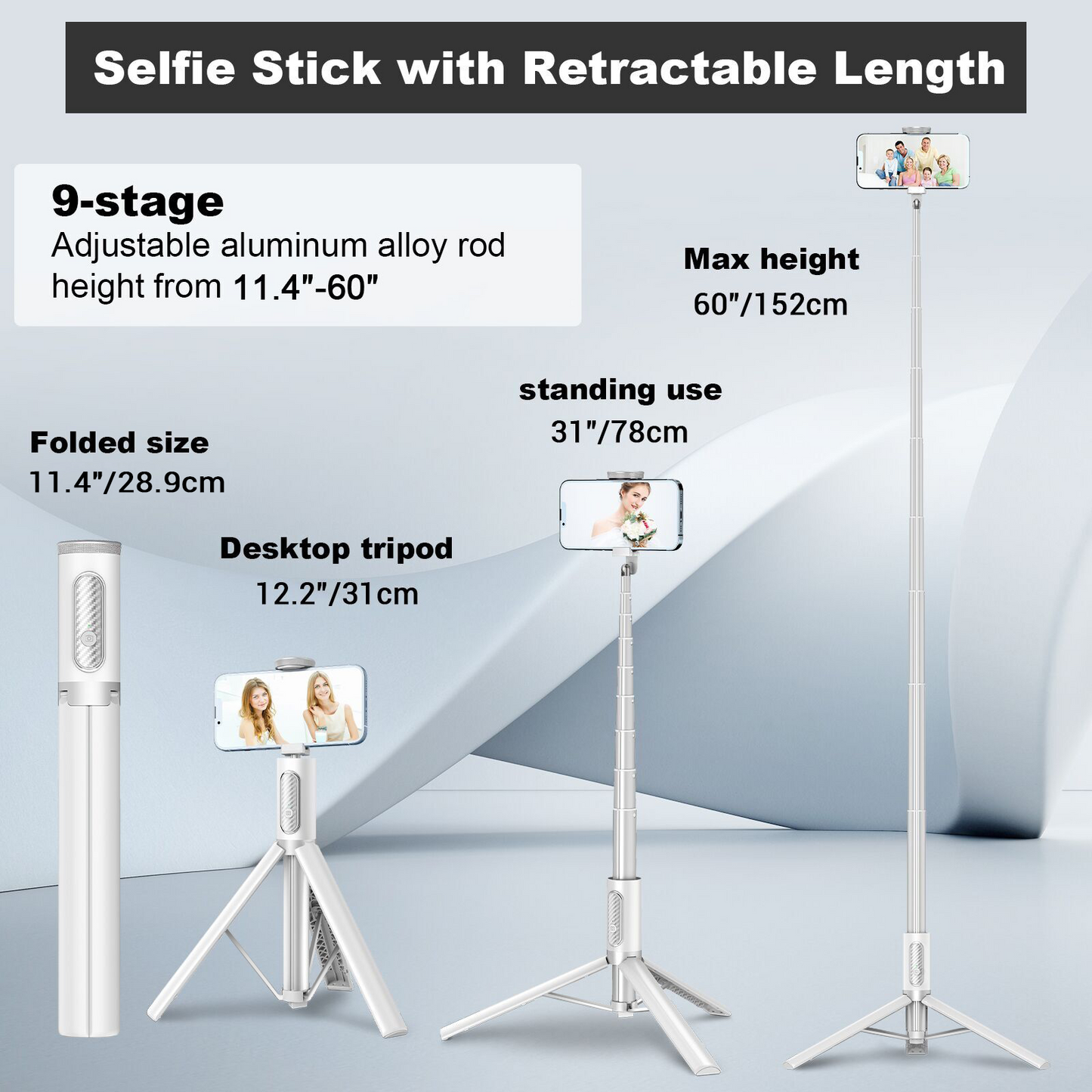 TONEOF 60 In Tripod, Cell Phone Selfie Stick, All-in-1 Stand with Integrated Wireless Remote, Lightweight and Portable, Extendable Tripod for 4-7 Inch iPhone and Android（White）