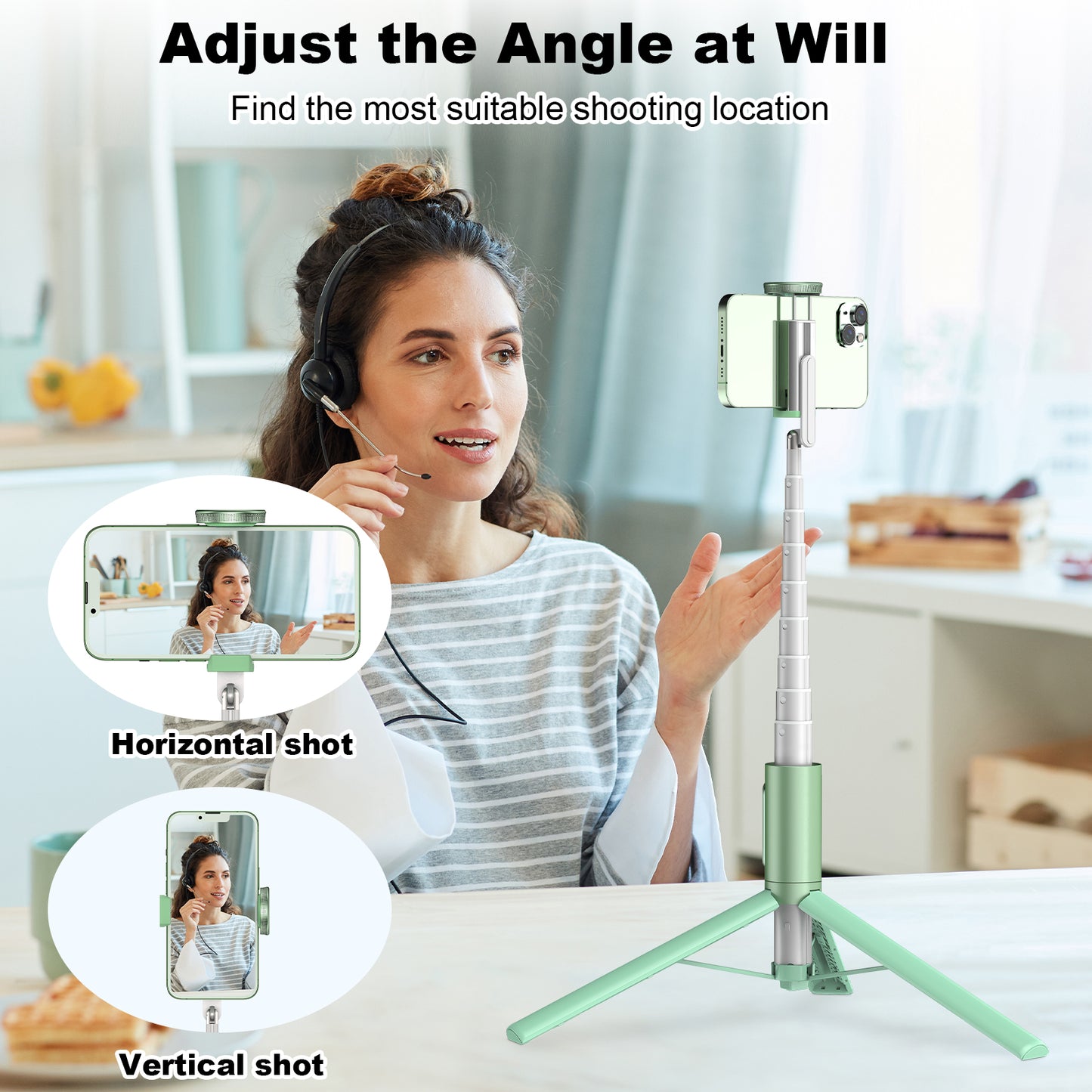 Multifunctional mobile phone holder selfie stick (Green)